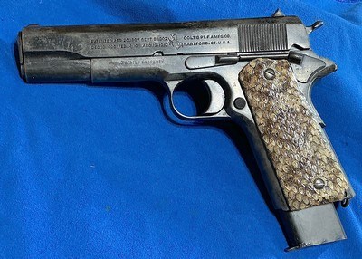 WAR HORSE of a GUN =1911 ARMY .45 ACP = ISSUED 1918 , RE-ISSUED 1938 = AGAIN IN 1950 = Never Refinished , Retired with a G.I. ,see Service # on slide