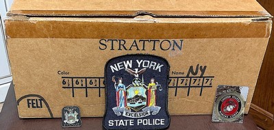 NEW YORK STATE TROOPERS = POLICE = UNIFORM STETSON = STRATTON SKULL COVER = NYSP SHOULDER PATCH W PIN , AND ORIGINAL BOX , WRAPPINGS & HAT STRAP - Image 2 of 2