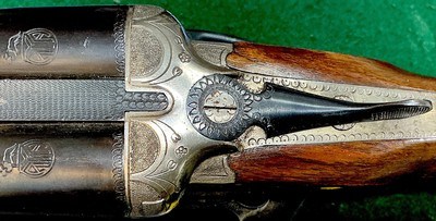 SINGLE TRIGGER = AYA = SIDE X SIDE = MADE 1949 = 12.Ga. = ENGRAVED = CHECKERED = MADE IN SPAIN = 98% = - Image 5 of 15