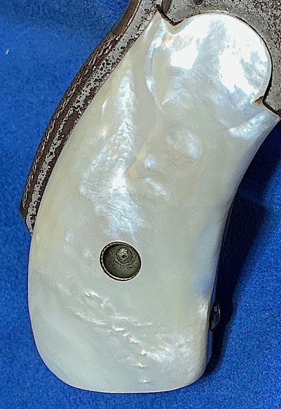 SAFETY HAMMERLESS ,, 2nd model.38 CALIBER = MADE 1887/88 = NICKEL = GENUINE FACTORY INSTALLED MOTHER OF PEARL GRIPS - Image 5 of 14