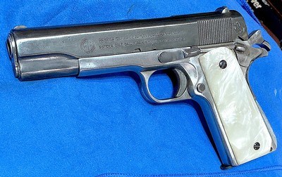 ARGENTINE = COLT = .45 ACP = NUMBERS MATCH = FAUX PEARLIZED GRIPS = SOLID = MECHANICALLYPERFECT = BLUE SLIDE = POLISHED FRAME - Image 1 of 17