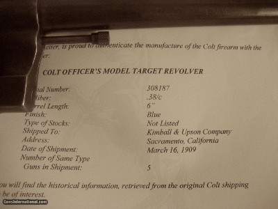 Colt Officers Model .38 Special 6 inch barrel, Comes with Colt Official Authenticity verification. MFG 1909. - Image 3 of 8