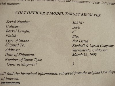 Colt Officers Model .38 Special 6 inch barrel, Comes with Colt Official Authenticity verification. MFG 1909. - Image 2 of 8