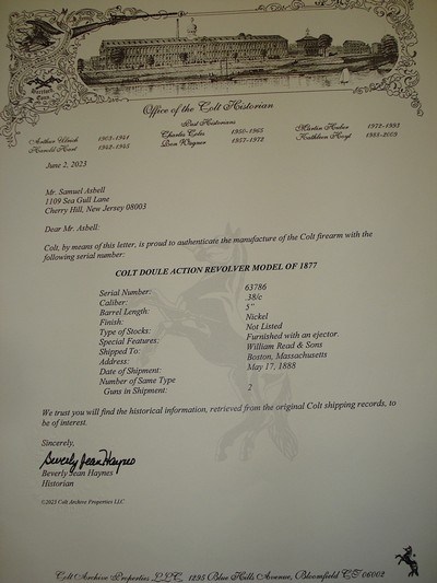 Colt Model 1877 “Lightning” .38 Colt Excellent-Fine Condition with factory letter