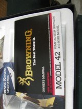 6654 Browning model 42 410 gauge 26 barrels full fixed choke, pump action, NEW IN BOX NEVER ASSEMBLED,AA FANCY WALNUT. vent rib, butt plate, all paper - 10 of 11