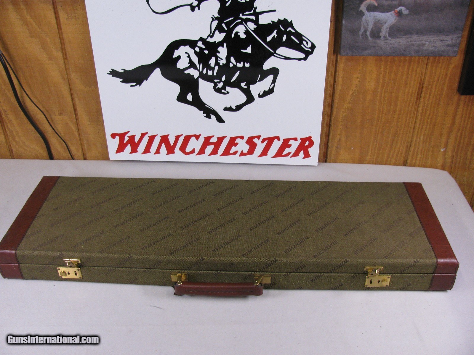 7824 Winchester green gun case with leather trim, red interior, with