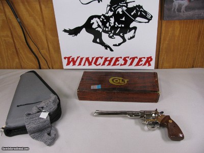 7952  Colt Trooper MKIII, 357 MAG, Nickle Finish, Walnut Grips, 8” Barrel, Original Factory Box, Excellent condition, With Sock and soft case as well!