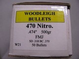 8060—470 Nitro Express Ammo LOT- 35 Loaded ammo- 26 once fired rounds—70 Woodleigh Premium bullets 500 Grain FMJ—50 Woodleigh premium 470 Nitro bullet - 4 of 10