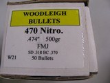 8060—470 Nitro Express Ammo LOT- 35 Loaded ammo- 26 once fired rounds—70 Woodleigh Premium bullets 500 Grain FMJ—50 Woodleigh premium 470 Nitro bullet - 5 of 10