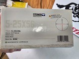 9062
Steiner T5XI 5-25x56, Steiner SCR Reticle,34 MM tube, matte black, # 5122, like new in box,
More pictures at dawsonsdoubles.com - 13 of 15