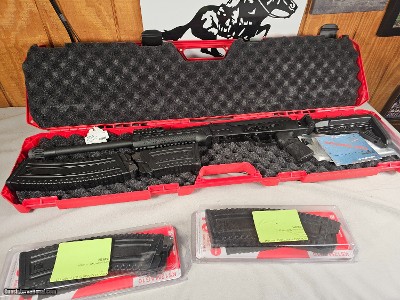 9102
Kalashnikov Shotgun 12 gauge, semi auto, folding stock, arm guard, pistol hand grip, picatinny rails, hard case, papers, 99% condition, 3 10 rou