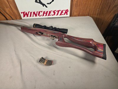 9363Savage Mark II, 22 LR, 20” barrel, twisted barrel, thumb hole stock, stainless, 14 LOP, Laminated color, Leupold VX freedom Scope, 3-9x40 matte, - Image 1 of 16