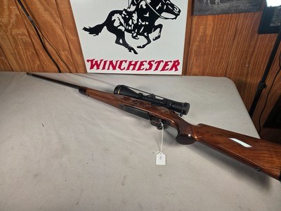 9378Browning safari, Belgium , 375 H+H, 24” barrels, custom checkered stock with cape buffalo, engraved floor plate, cheek piece,Leopold MX8 4x, - Image 1 of 25