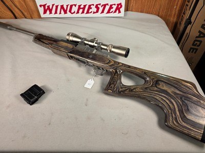 9381Ruger Ranch, Target, 222 Cal, muzzle brake, laminated thumb hole stock, Burris scope 4.5x14x40, 2 mags, More pictures at DawsonsDoubles DOT COM - Image 1 of 25
