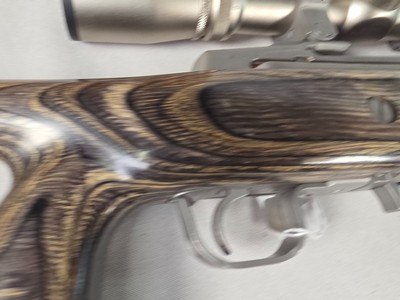 9381Ruger Ranch, Target, 222 Cal, muzzle brake, laminated thumb hole stock, Burris scope 4.5x14x40, 2 mags, More pictures at DawsonsDoubles DOT COM - Image 16 of 25