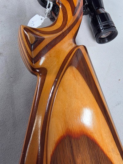 9380 Mauser Model 98 custom, 22-250, 24” barrel, bi pod, laminated stock, light trigger, custom bolt knob, cheek piece, tasco 4x16,More pictures at - Image 4 of 24