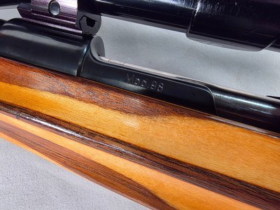 9380 Mauser Model 98 custom, 22-250, 24” barrel, bi pod, laminated stock, light trigger, custom bolt knob, cheek piece, tasco 4x16,More pictures at - Image 12 of 24