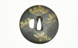 Iron Tsuba, Round Shape with brass inlay of broken War Fans (MGJ109) - 1 of 2