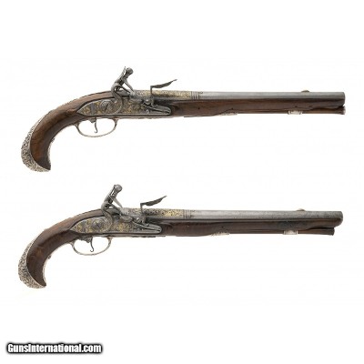 "Exquisite French Gilt Engraved Silver Mounted Flintlock Pistols (AH8059)"