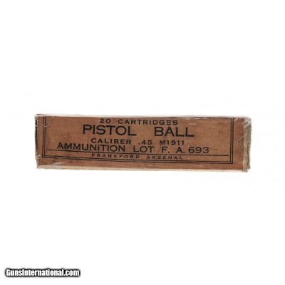 "45 Caliber Pistol Ball Cartridges for M 1911 by Frankford Arsenal (AN173)"
