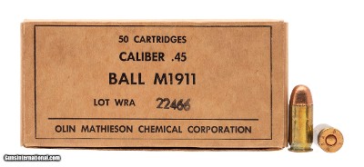 "WW2 OLIN Mathieson Chemical Pistol Ball .45 ACP Ammo 50 Rounds (AM2040)"