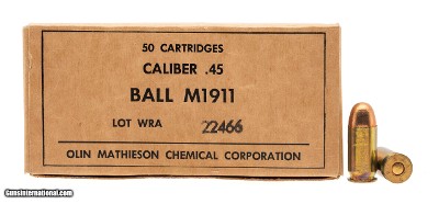 "WW2 OLIN Mathieson Chemical Pistol Ball .45 ACP Ammo 50 Rounds (AM2073)"