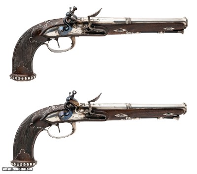 "Beautiful Pair of French Silver Mounted Empire Flintlock Pistols by DELAROA (AH8870)"