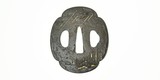 "Iron Tsuba. Bird flying in Rain above Foliage. For Tanto or Wakizashi." - 1 of 2