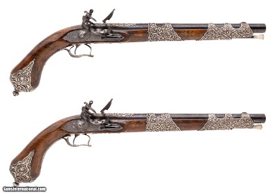 "Beautiful Pair of Silver Mounted LePage Flintlock Pistols (AH6175)"