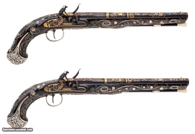 "Beautiful Pair of Gilded and Silver Hall Marked Flintlock Pistols by Richards (AH9018)"
