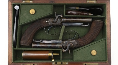 "Beautiful Cased Pair of English Travelers Percussion Pistols (AH6543)"