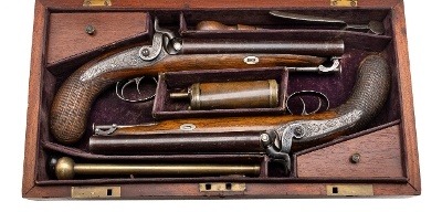 "Double Cased Pair of Double Barrel Percussion Pistols by Rabone Brothers & Company (65337)"