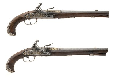 "Exquisite French Gilt Engraved Silver Mounted Flintlock Pistols (AH8059)"