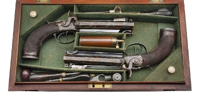 "Excellent Cased Identified Pair of Double Barrel Percussion Pistol With Flip Bayonets (72456) " - Image 1 of 25