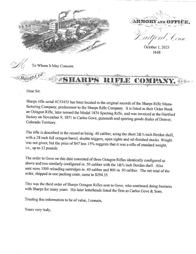 "Carlos Gove Sharps 1874 Rifle (AL9838) CONSIGNMENT" - Image 11 of 11