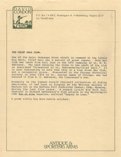"Historically Important Indian War Club Surrendered by Little Big Horn Chief Gall Ex. Smithsonian (75477)&nbsp; " - Image 19 of 25