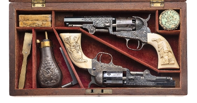 "Beautiful Double Cased Set of Factory Engraved Colt 1849 Pocket Revolvers w/ Carved Ivory Grips (76217) " - Image 1 of 25