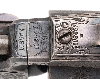 "Beautiful Double Cased Set of Factory Engraved Colt 1849 Pocket Revolvers w/ Carved Ivory Grips (76217) " - Image 8 of 25