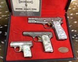 Belgium Browning Renaissance Factory Engraved 3 Pistol Cased Set, Nickel, 1960s, Trades Welcome - 5 of 23