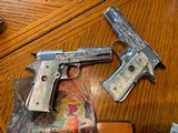 1964 Matched Pair of Llama Factory Engraved, Nickel 1911 Deluxe .22 Pistols, Unfired, Boxed, US Colonel bringback, Beautiful Pair - 8 of 15