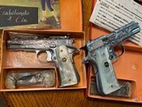 1964 Matched Pair of Llama Factory Engraved, Nickel 1911 Deluxe .22 Pistols, Unfired, Boxed, US Colonel bringback, Beautiful Pair - 6 of 15