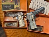 1964 Matched Pair of Llama Factory Engraved, Nickel 1911 Deluxe .22 Pistols, Unfired, Boxed, US Colonel bringback, Beautiful Pair - 3 of 15