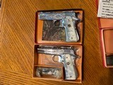 1964 Matched Pair of Llama Factory Engraved, Nickel 1911 Deluxe .22 Pistols, Unfired, Boxed, US Colonel bringback, Beautiful Pair - 14 of 15