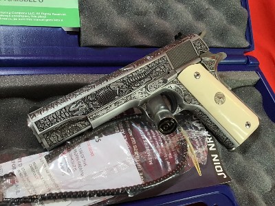 Engraved Colt 70 Series, .38 Super, NIB, Custom Dinosaur-Meteorite themed, Engraved by Merlin Enright, Stainless.