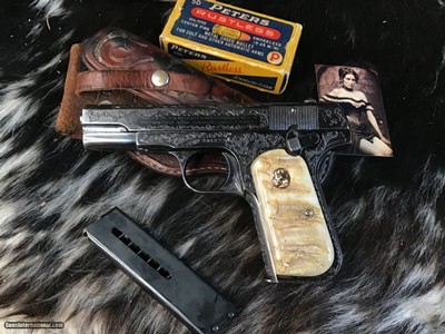 1922 Mfg. Colt 1903 Hammerless Pistol, Engraved, Rams Horn Grips, 2 mags W/Holster. Trades Welcome.