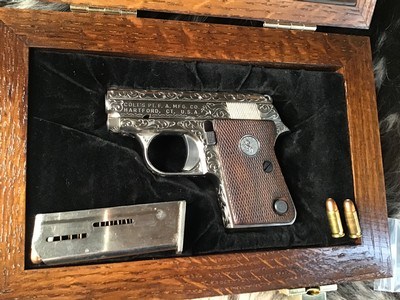 John Adam’s Master Engraved Colt Junior, Automatic Caliber .25acp, Signed, Cased, Nickel. Trades Welcome