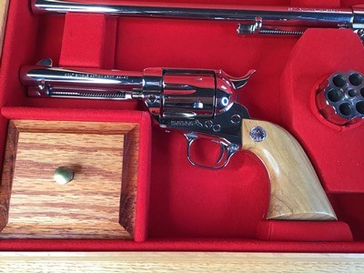 Colt Custom Shop Three Leather Cased Nickel Finished Colt Single Action Army Revolvers with Accessories. Trades Welcome - Image 4 of 23