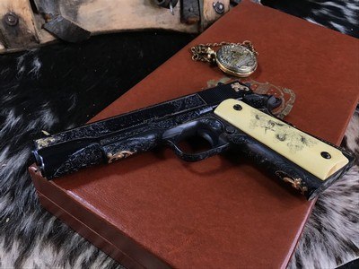 Gold Inlay Engraved Colt 70 Series, Ivory Dragon Grips, Presentation Cased. Trades Welcome
