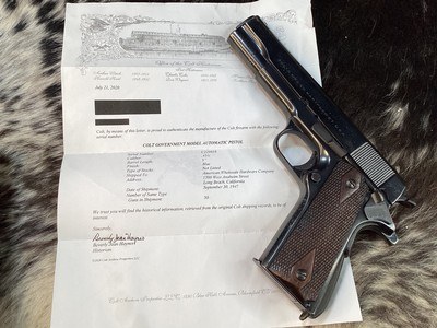 1947 Colt Government Model 1911, .45 ACP. Colt Letter, California Shipped, Boxed. Trades Welcome