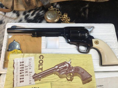 1978 Colt SAA , .45 Colt , Elephant Ivory Grips, 7.5” , Boxed, Unturned & Unfired. Trades Welcome